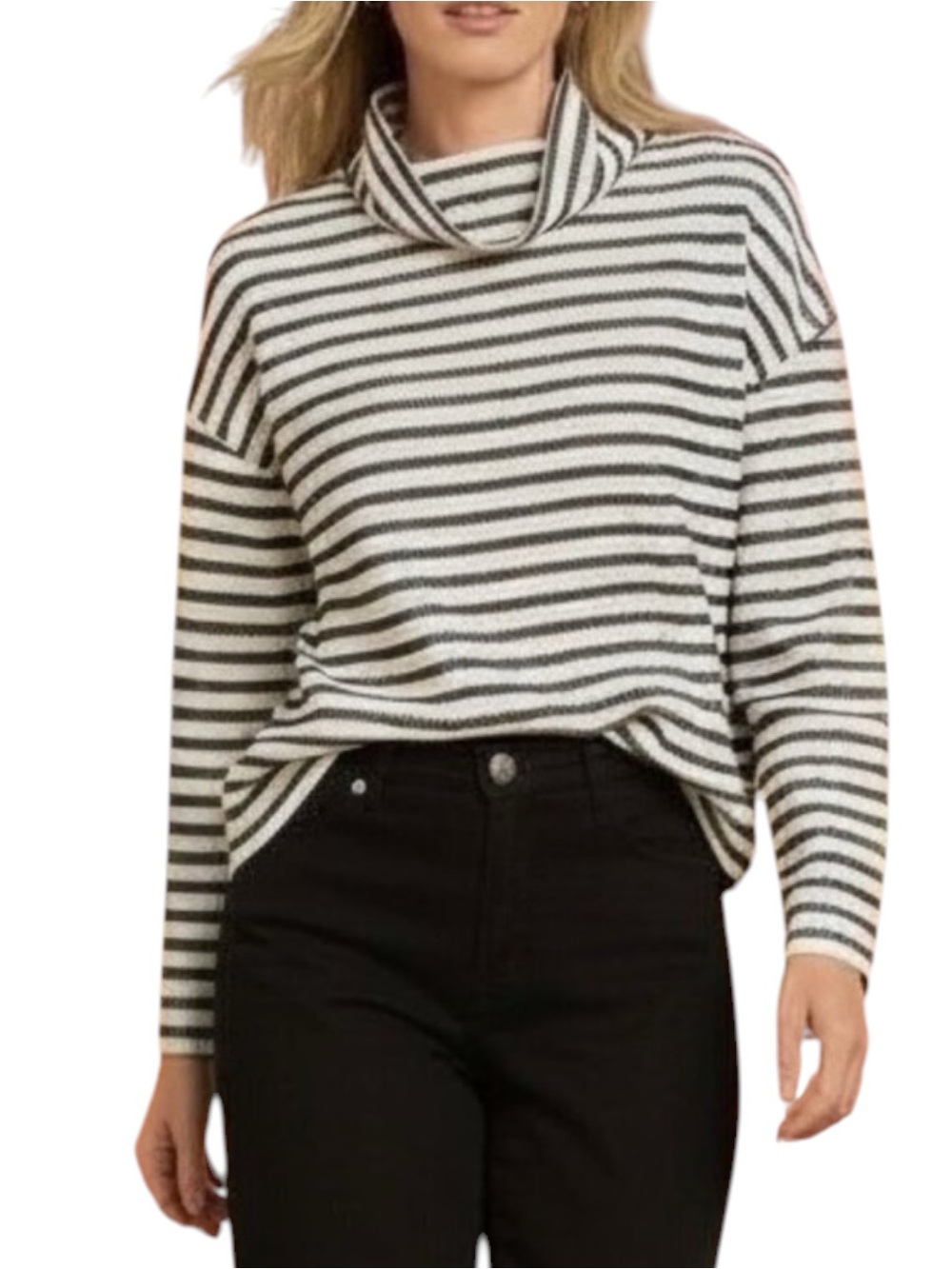 TALBOTS Cream / Black Striped Waffle Knit Cowl Neck Sweater Size Small — LOVELY!